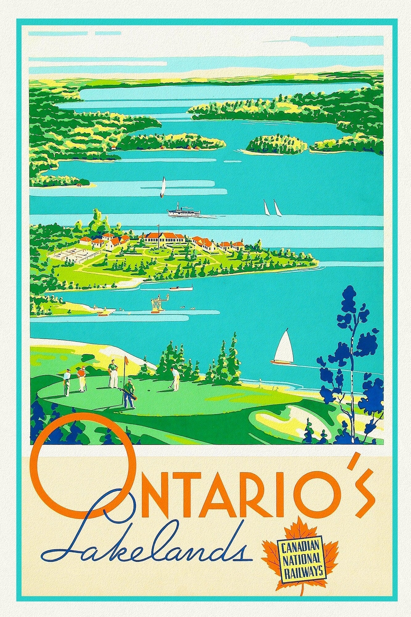 Ontario's Lakelands, Canadian National Railways , travel poster on heavy cotton canvas, 20x25" approx. - The Map Chest