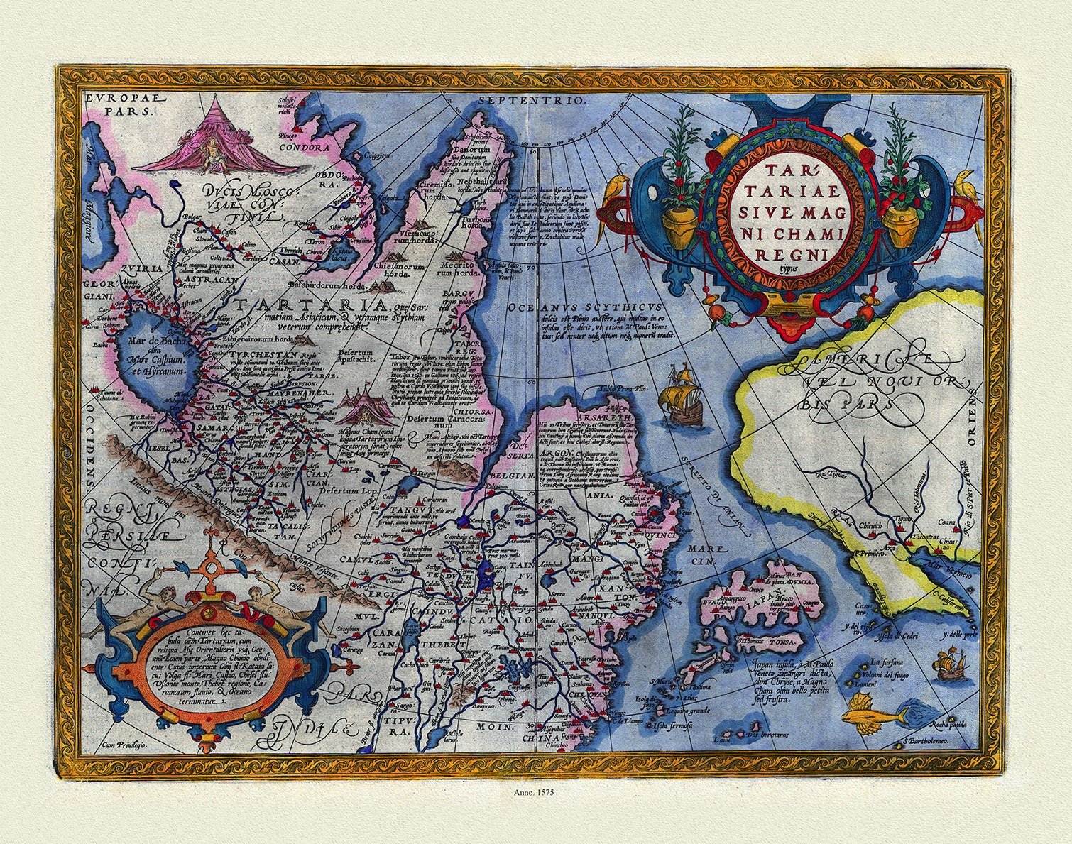 Ortelius, ( Abraham 1527 - 1598), Tartariae sive Magni Chami Regni tÿpus, 1575, Map printed on to heavy cotton canvas, 22x27in. approx. - The Map Chest