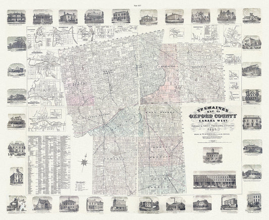 Oxford County, Canada West, 1857 , map on durable cotton canvas, 50 x 70 cm, 20 x 25" approx. - The Map Chest