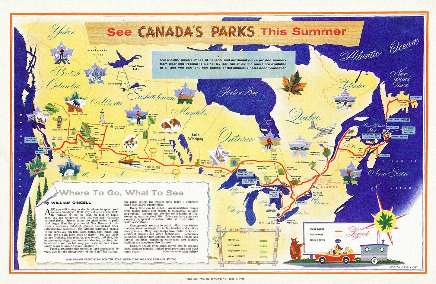 Parlane, See Canada's Parks this Summer, 1935, supplement to Toronto Star, poster on cotton canvas, 22x27" approx. - The Map Chest