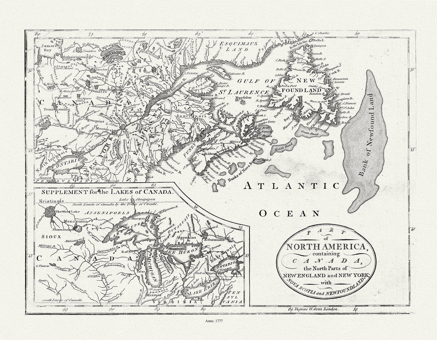 Part of North America,containing Canada, the north parts of New England and New York, with Nova Scotia and Newfoundland,1777, canvas, 20x25" - The Map Chest