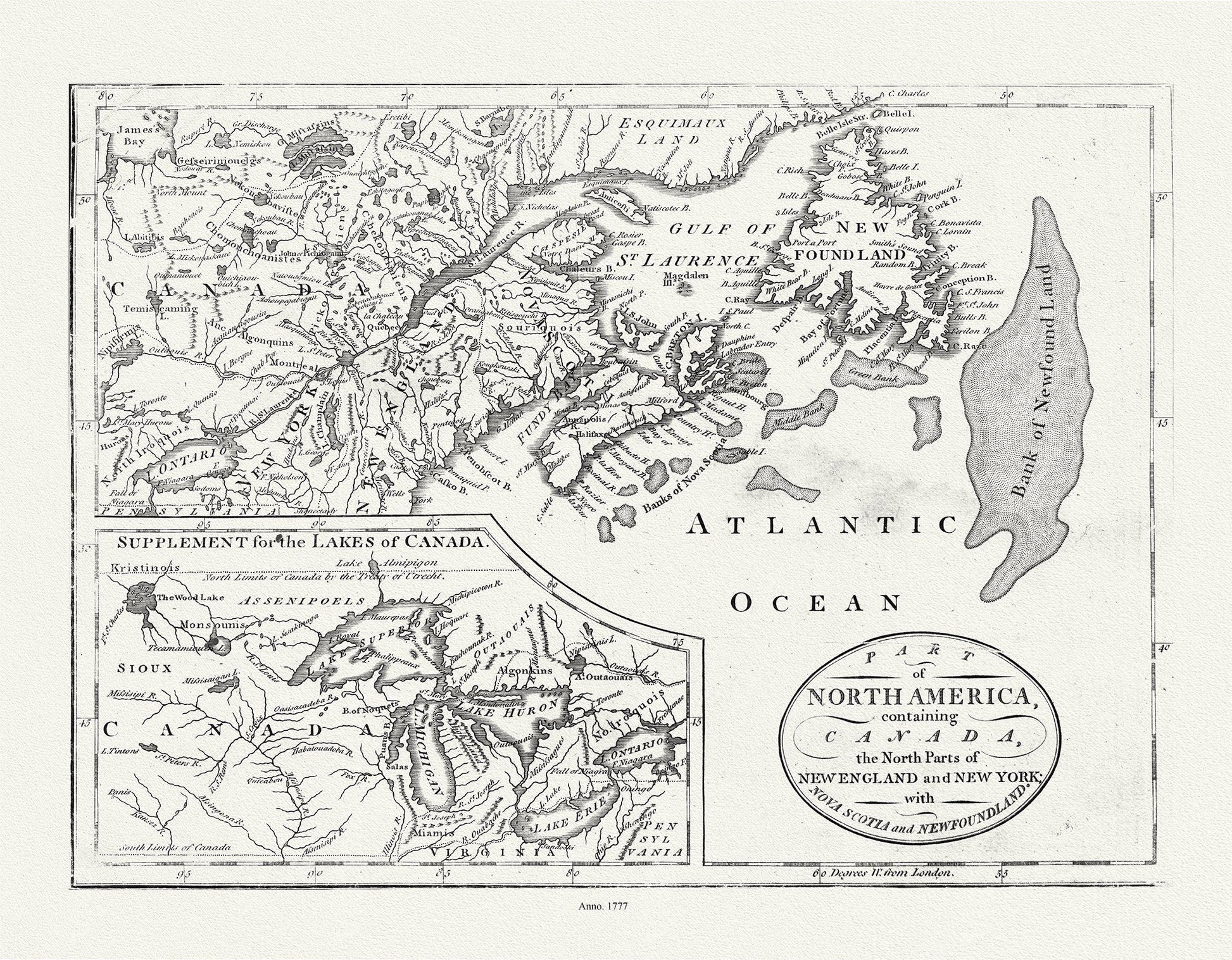 Part of North America,containing Canada, the north parts of New England and New York, with Nova Scotia and Newfoundland,1777, canvas, 20x25" - The Map Chest
