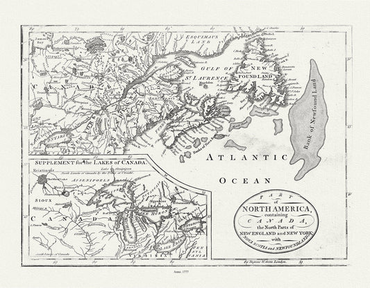 Part of North America,containing Canada, the north parts of New England and New York, with Nova Scotia and Newfoundland,1777, canvas, 20x25" - The Map Chest
