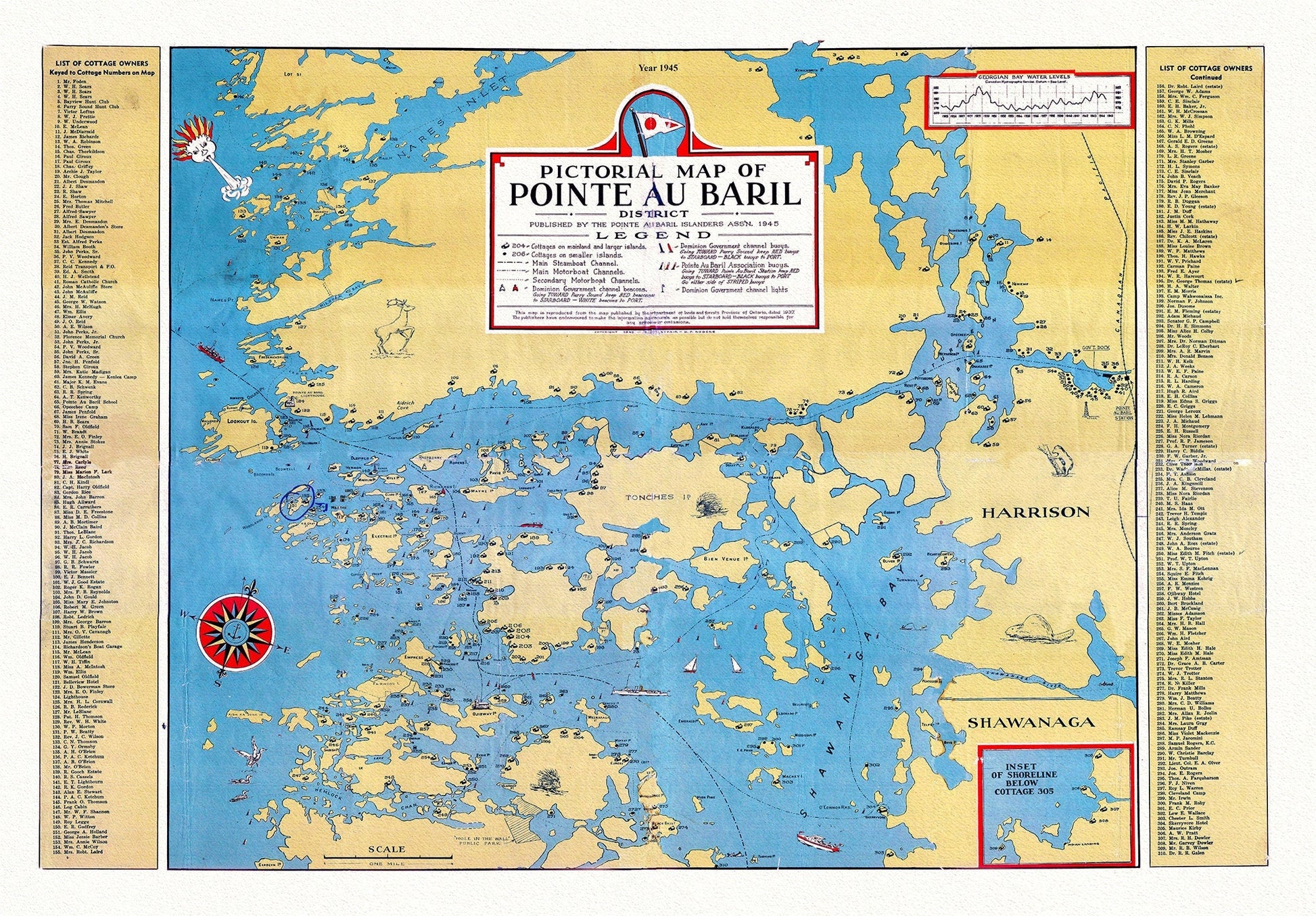 Pictorial map of Pointe au Baril District, 1945, , map on heavy cotton canvas, 22x27" approx. - The Map Chest