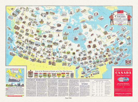 Pictorial map of the dominion of Canada with Newfoundland and Labrador Scenic, historic, recreationa, economic resources, 1946, Turner auth. - The Map Chest