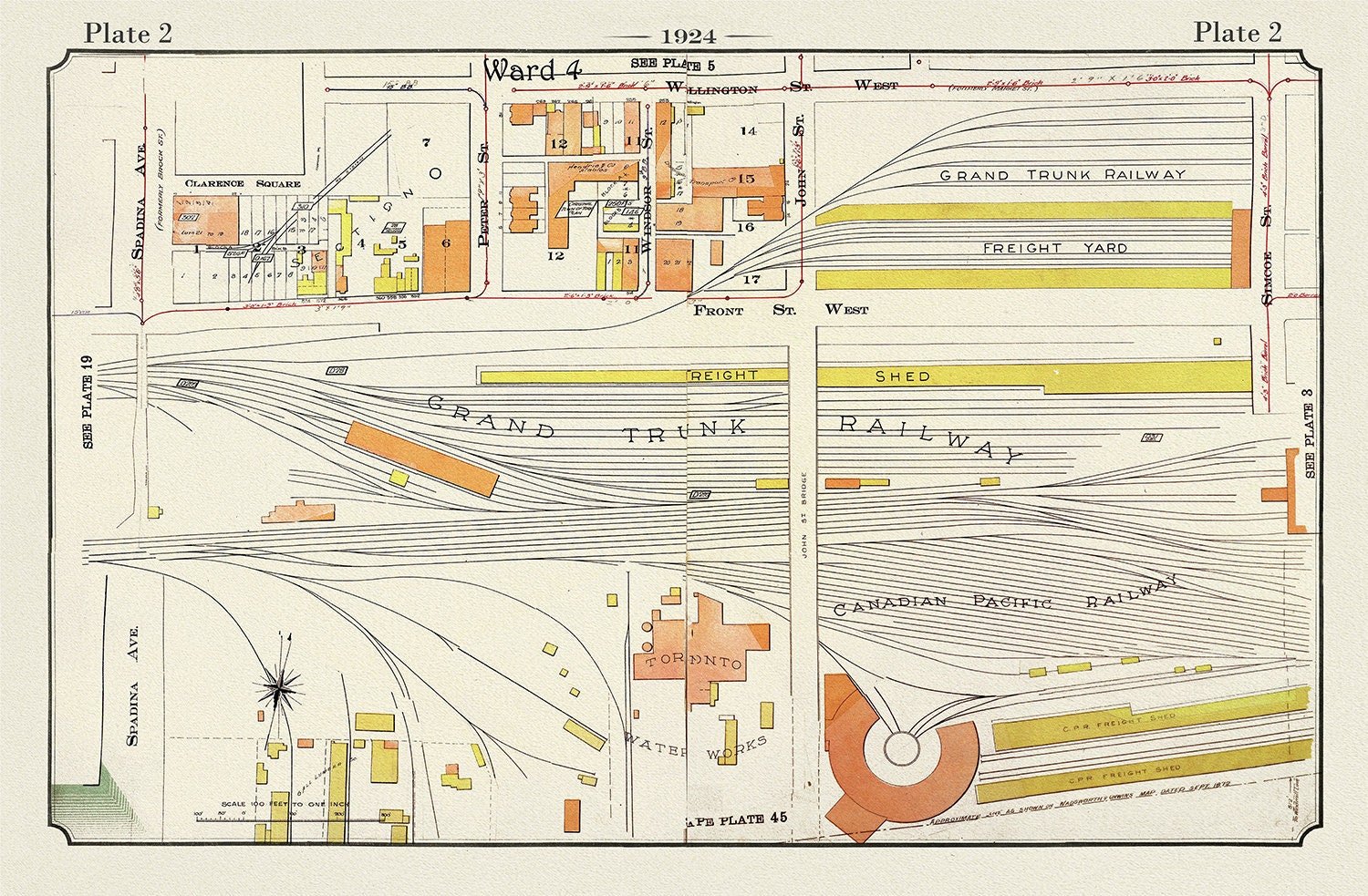 Plate 02, Toronto Downtown, Railway Lands, 1924, map on heavy cotton canvas, 20 x 30" or 50 x 75cm. approx. - The Map Chest