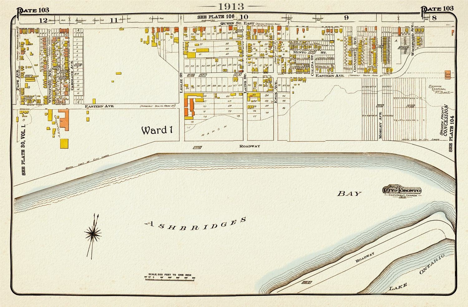 Plate 103, Toronto East, The Beach, Ashbridges Bay, 1913, map on heavy cotton canvas, 20 x 30" or 50 x 75cm. approx. - The Map Chest