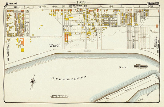 Plate 103, Toronto East, The Beach, Ashbridges Bay, 1913, map on heavy cotton canvas, 20 x 30" or 50 x 75cm. approx. - The Map Chest