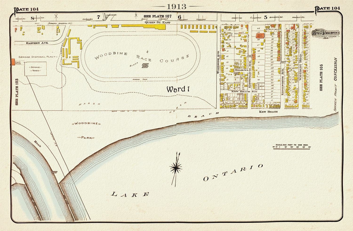 Plate 104, Toronto East, The Beach, Woodbine Race Course, 1913, map on heavy cotton canvas, 20 x 30" or 50 x 75cm. approx. - The Map Chest