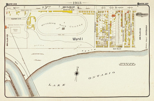 Plate 104, Toronto East, The Beach, Woodbine Race Course, 1913, map on heavy cotton canvas, 20 x 30" or 50 x 75cm. approx. - The Map Chest