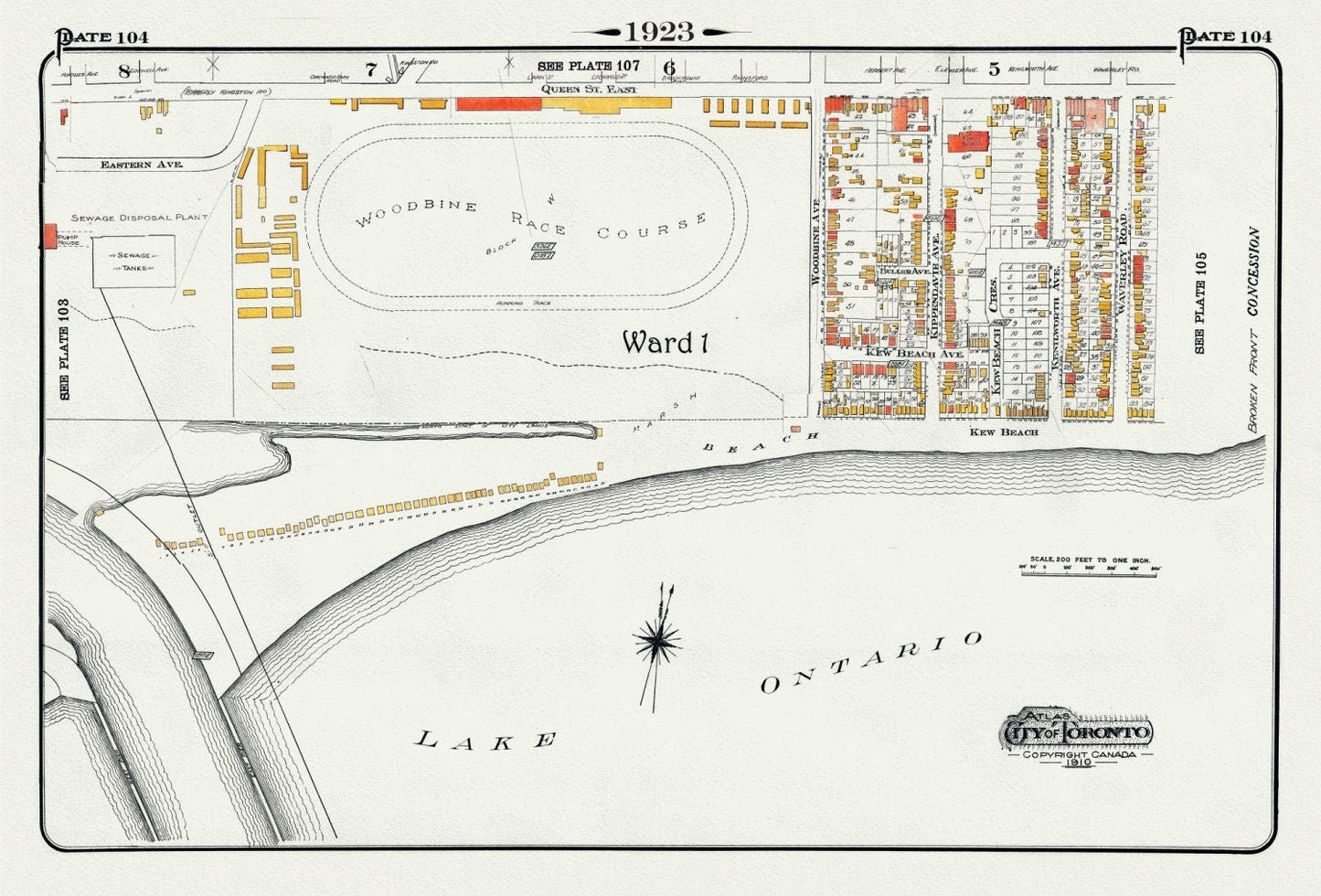 Plate 104, Toronto East, Waterfront, Woodbine Race Course, 1923, Map on heavy cotton canvas, 18x27in. approx. - The Map Chest