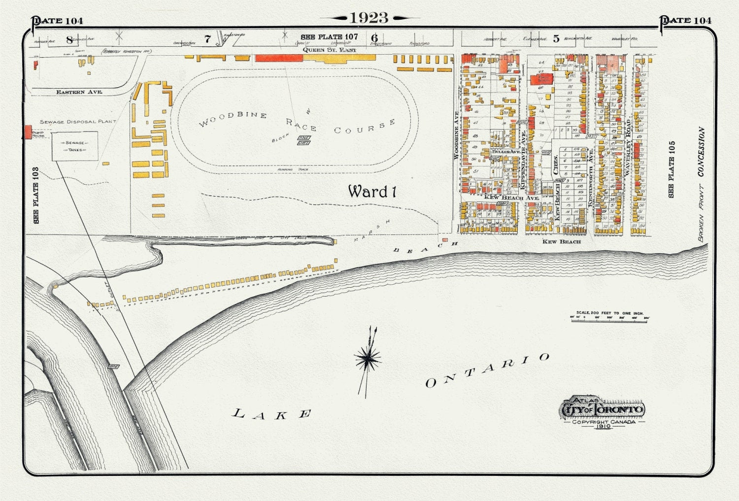 Plate 104, Toronto East, Waterfront, Woodbine Race Course, 1923, Map on heavy cotton canvas, 18x27in. approx. - The Map Chest