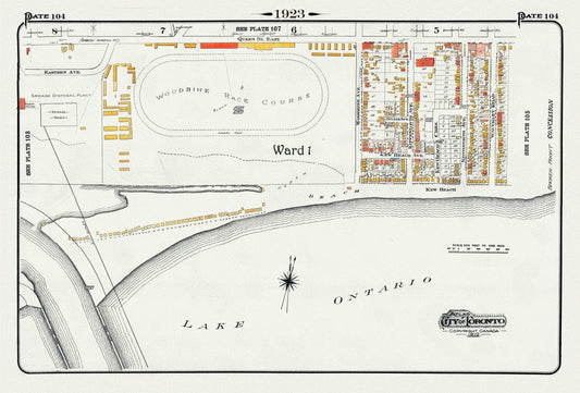 Plate 104, Toronto East, Waterfront, Woodbine Race Course, 1923, Map on heavy cotton canvas, 18x27in. approx. - The Map Chest