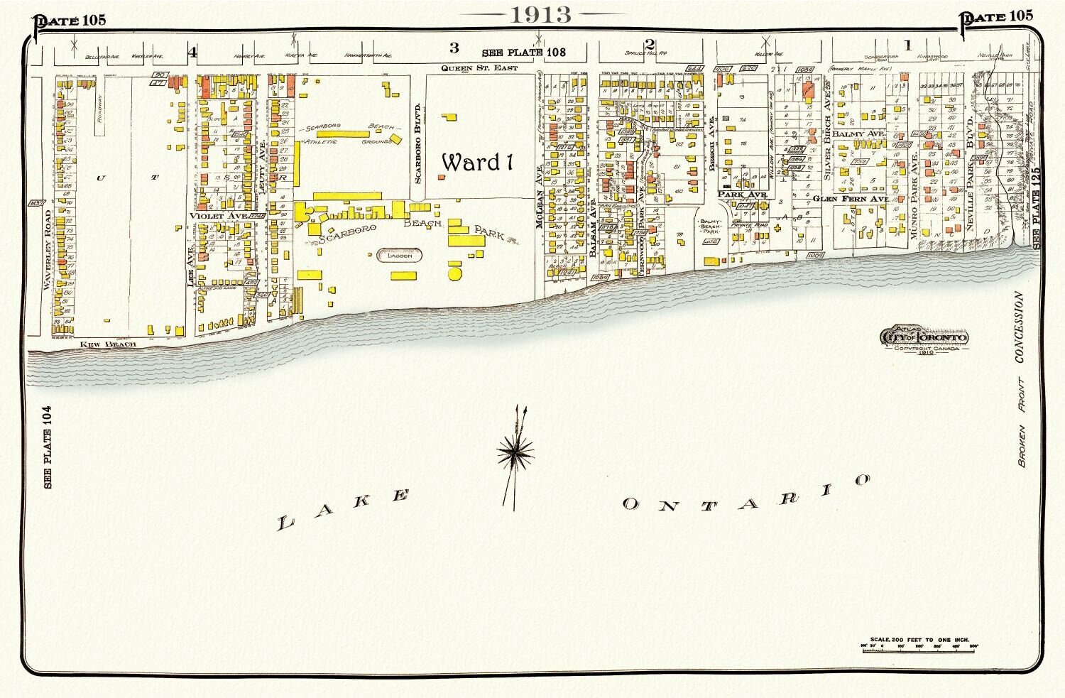 Plate 105, Toronto East, The Beach, Scarboro Beach, 1913, map on heavy cotton canvas, 20 x 30" or 50 x 75cm. approx. - The Map Chest