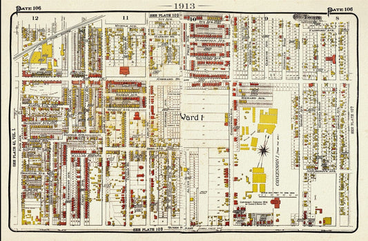 Plate 106, Toronto East, Riverdale, Leslieville, 1913, map on heavy cotton canvas, 20 x 30" or 50 x 75cm. approx. - The Map Chest