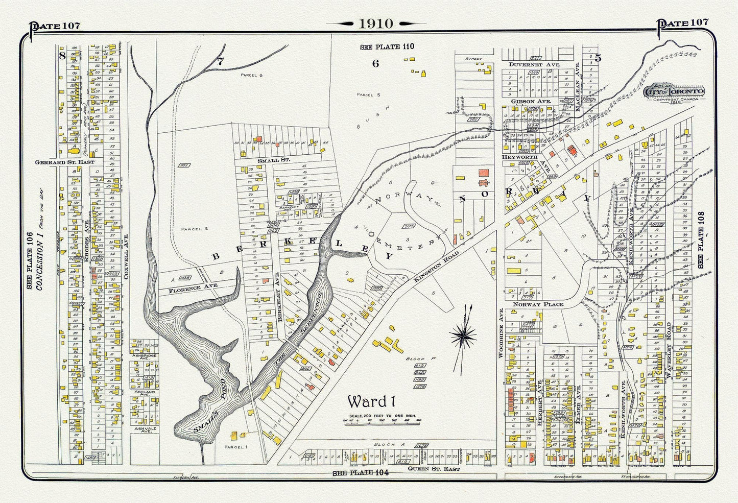 Plate 107, Toronto East, Leslieville, Norway & Beach, 1910 , map on heavy cotton canvas, 20 x 30" approx. - The Map Chest