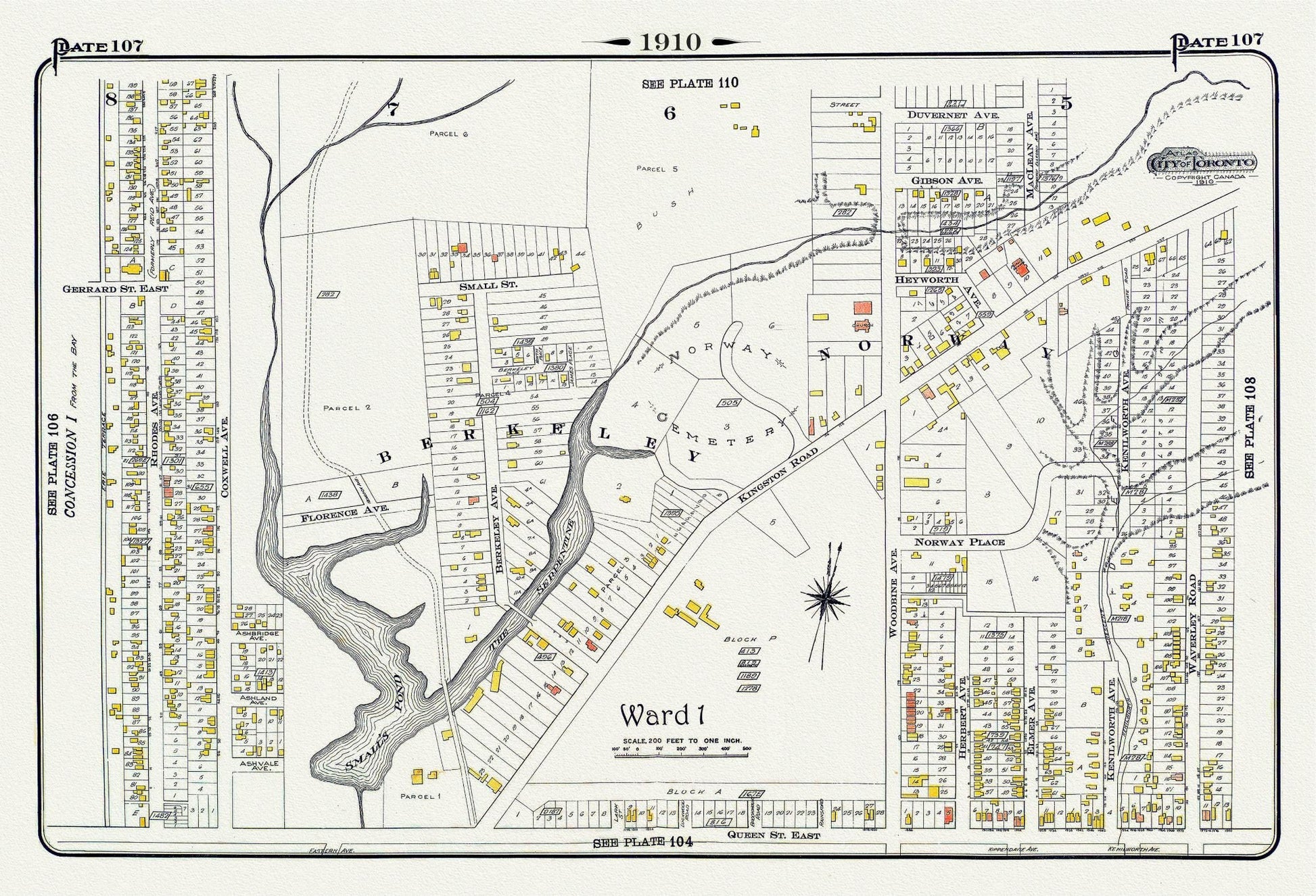 Plate 107, Toronto East, Leslieville, Norway & Beach, 1910 , map on heavy cotton canvas, 20 x 30" approx. - The Map Chest