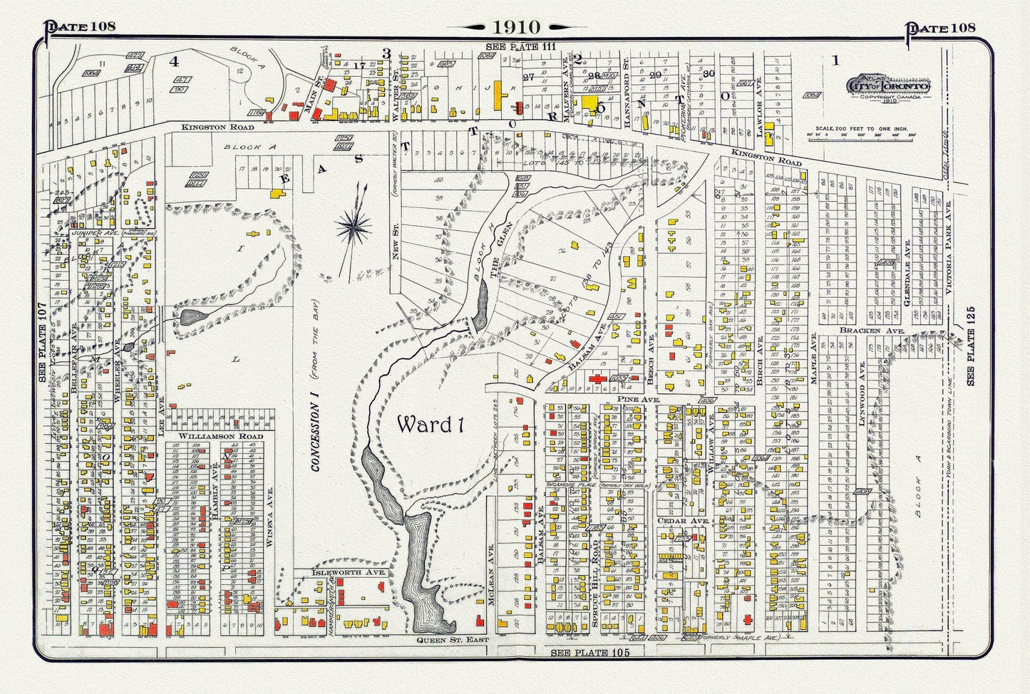 Plate 108, Toronto East, Beach North of Queen St. & Pine Avenue, 1910 , map on heavy cotton canvas, 20 x 30" approx. - The Map Chest
