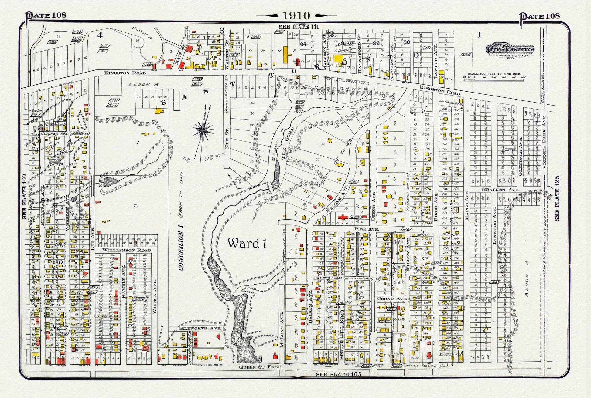 Plate 108, Toronto East, Beach North of Queen St. & Pine Avenue, 1910 , map on heavy cotton canvas, 20 x 30" approx. - The Map Chest
