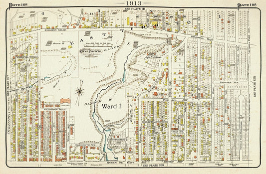 Plate 108, Toronto East, The Beach, Pine Ave.,1913, map on heavy cotton canvas, 20 x 30" or 50 x 75cm. approx. - The Map Chest
