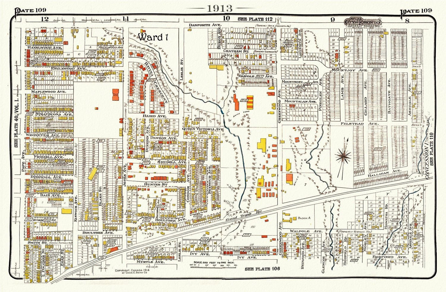 Plate 109, Toronto East, Riverdale East, Leslievile, 1913, map on heavy cotton canvas, 20 x 30" or 50 x 75cm. approx. - The Map Chest