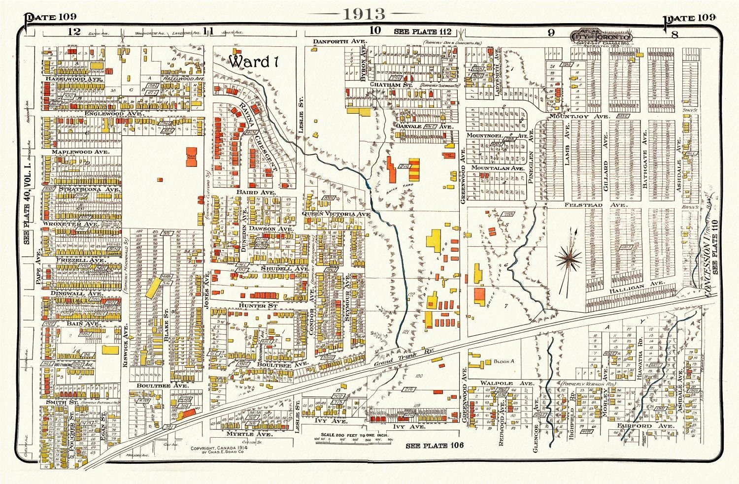 Plate 109, Toronto East, Riverdale East, Leslievile, 1913, map on heavy cotton canvas, 20 x 30" or 50 x 75cm. approx. - The Map Chest
