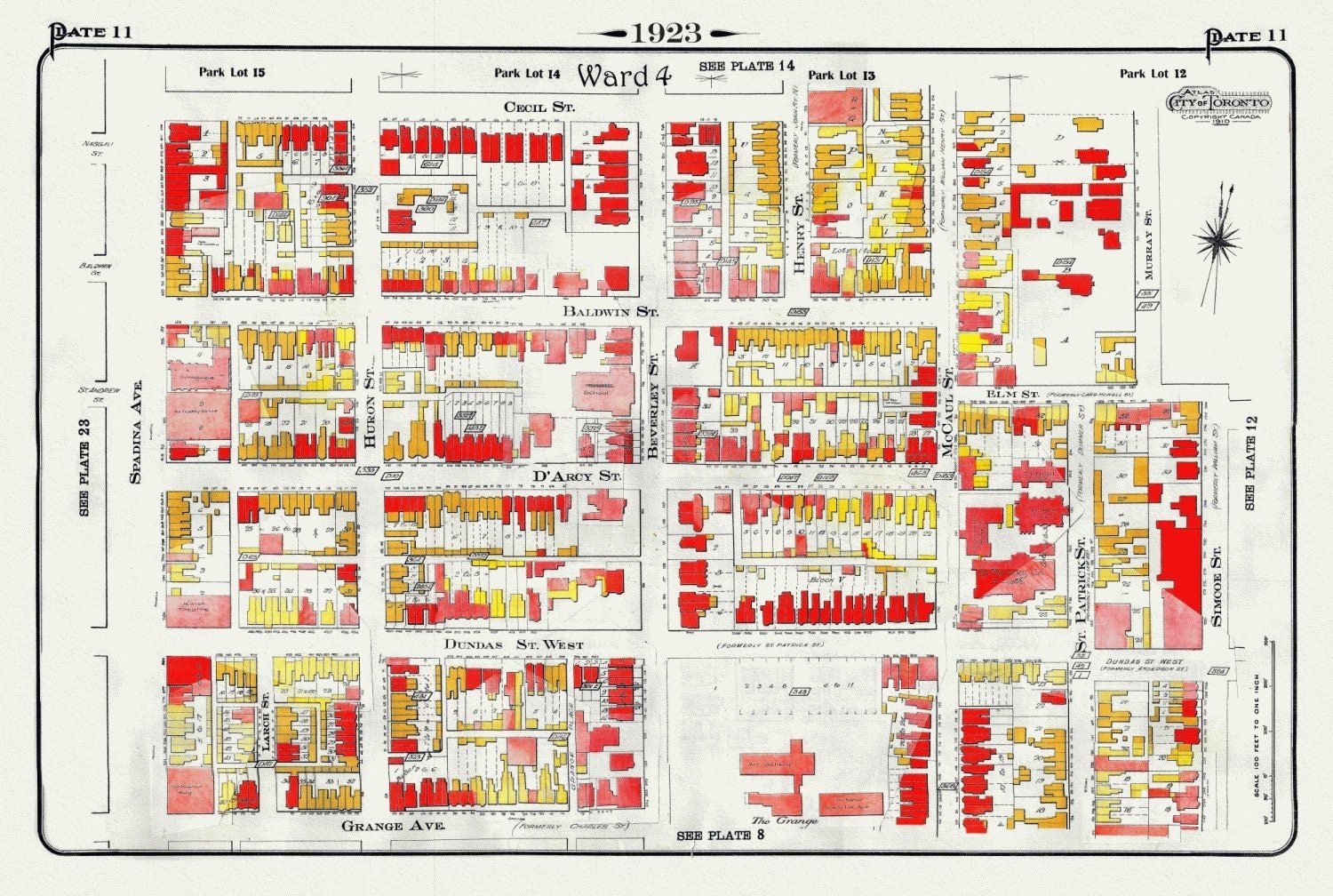 Plate 11, Toronto Downtown West, The Grange, 1923, Map on heavy cotton canvas, 18x27in. approx. - The Map Chest