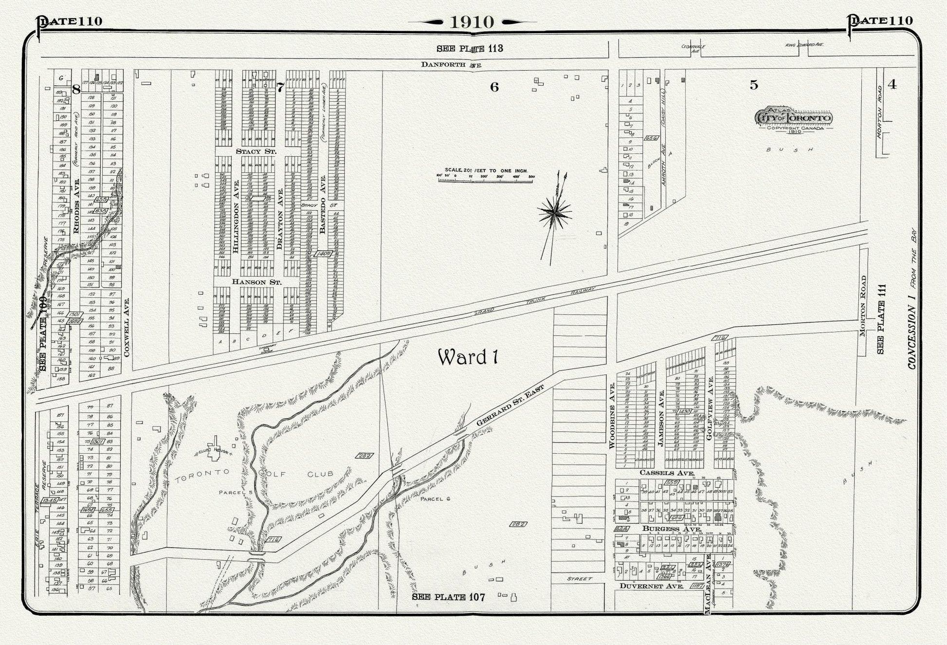 Plate 110, Toronto East, Danforth and Woodbine South, 1910 , map on heavy cotton canvas, 20 x 30" approx. - The Map Chest
