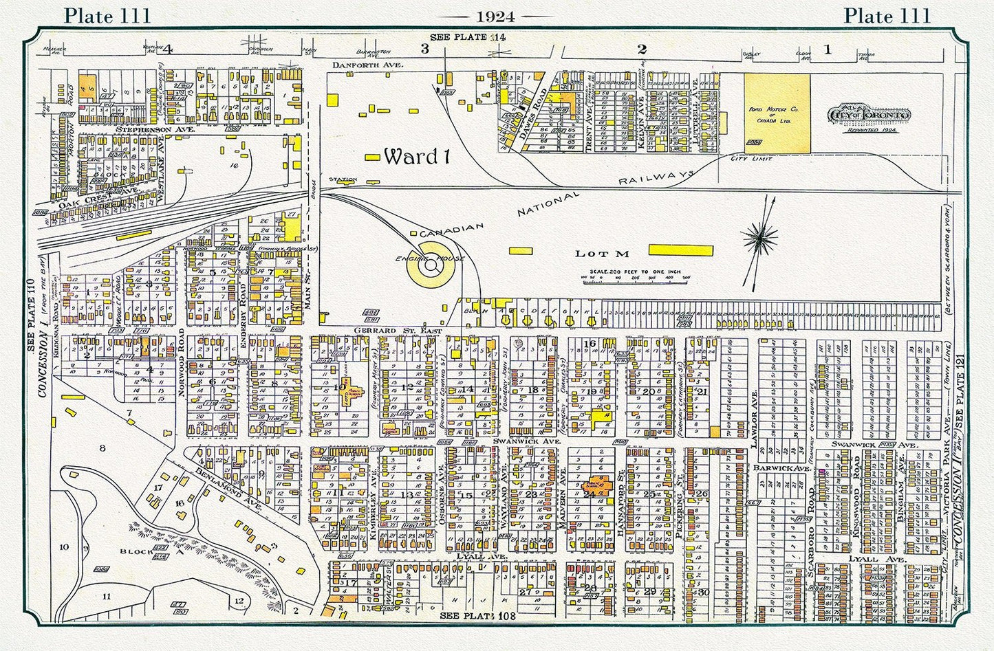 Plate 111, Toronto East, The Danforth, Main to Victoria Park, 1924, map on heavy cotton canvas, 20 x 30" or 50 x 75cm. approx. - The Map Chest