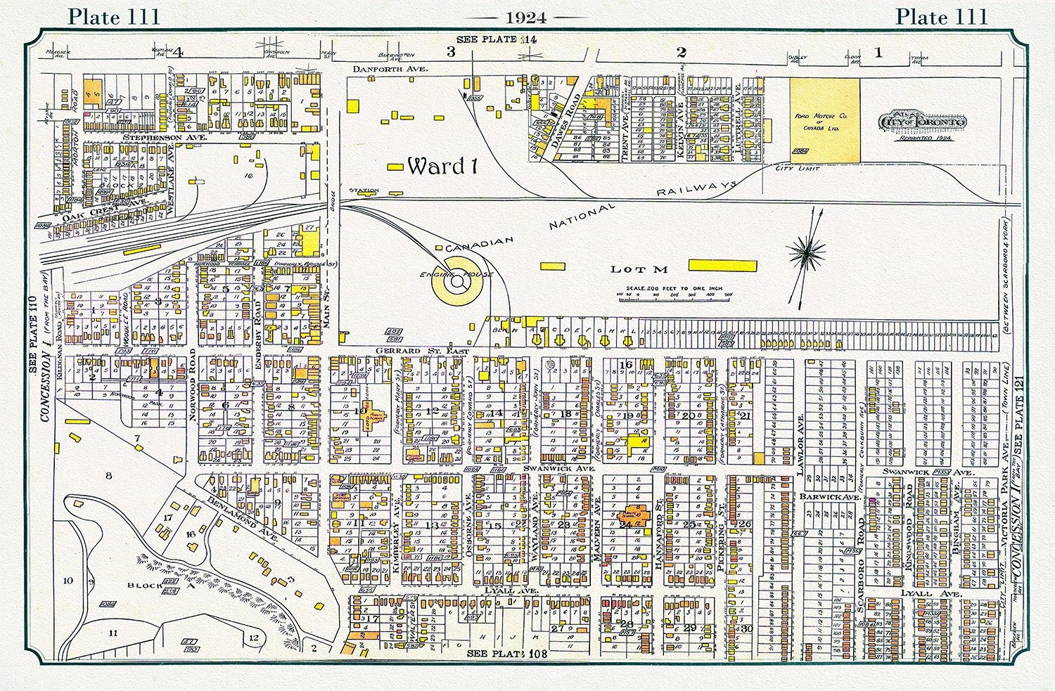 Plate 111, Toronto East, The Danforth, Main to Victoria Park, 1924, map on heavy cotton canvas, 20 x 30" or 50 x 75cm. approx. - The Map Chest