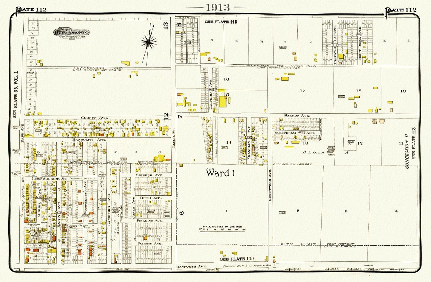 Plate 112, Toronto East, Danforth Pape, Leslie North, 1913, map on heavy cotton canvas, 20 x 30" or 50 x 75cm. approx. - The Map Chest