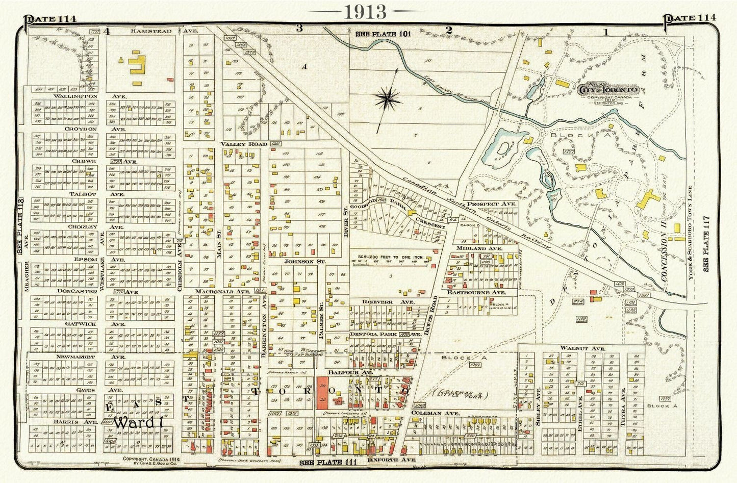 Plate 114, Toronto East, Danforth Ave., Dawes Ave., 1913, map on heavy cotton canvas, 20 x 30" or 50 x 75cm. approx. - The Map Chest