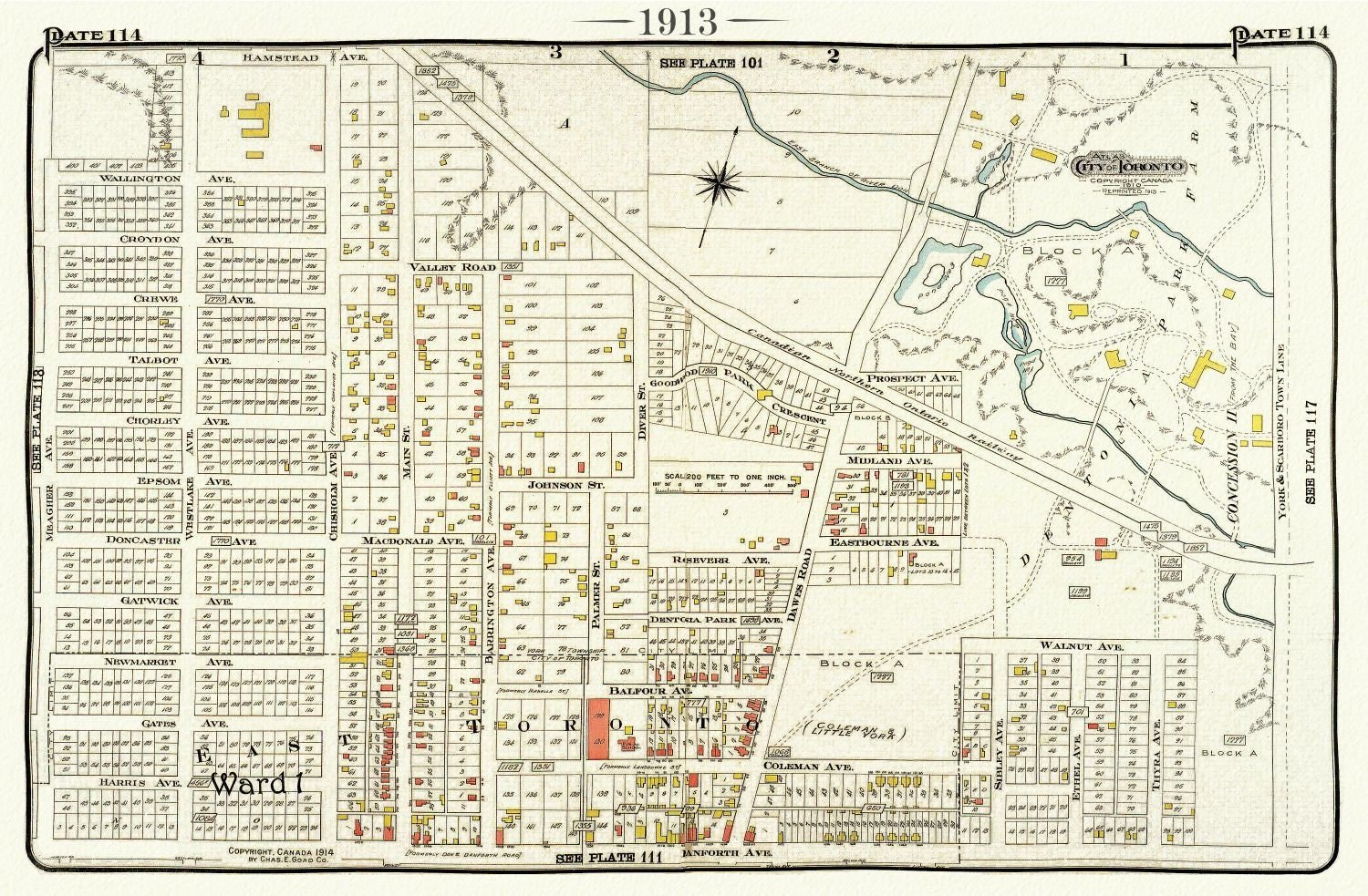Plate 114, Toronto East, Danforth Ave., Dawes Ave., 1913, map on heavy cotton canvas, 20 x 30" or 50 x 75cm. approx. - The Map Chest