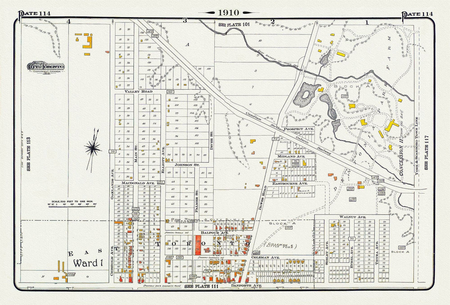 Plate 114, Toronto East, Danforth, Dentonia, Dawes Road, 1910 , map on heavy cotton canvas, 20 x 30" approx. - The Map Chest