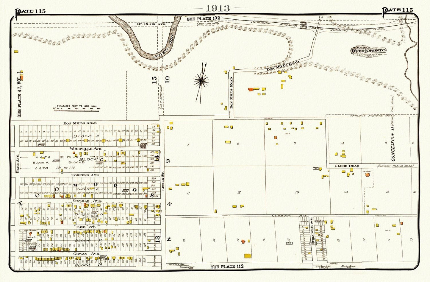 Plate 115, Toronto East, Danforth, Todmorden, 1913, map on heavy cotton canvas, 20 x 30" or 50 x 75cm. approx. - The Map Chest