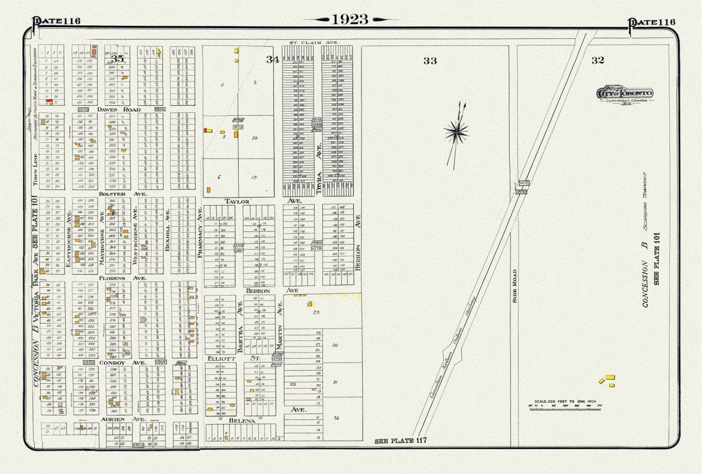 Plate 116, Toronto East, Scarborough, Pharmacy Ave., South of St. Clair, 1923, Map on heavy cotton canvas, 18x27in. approx. - The Map Chest