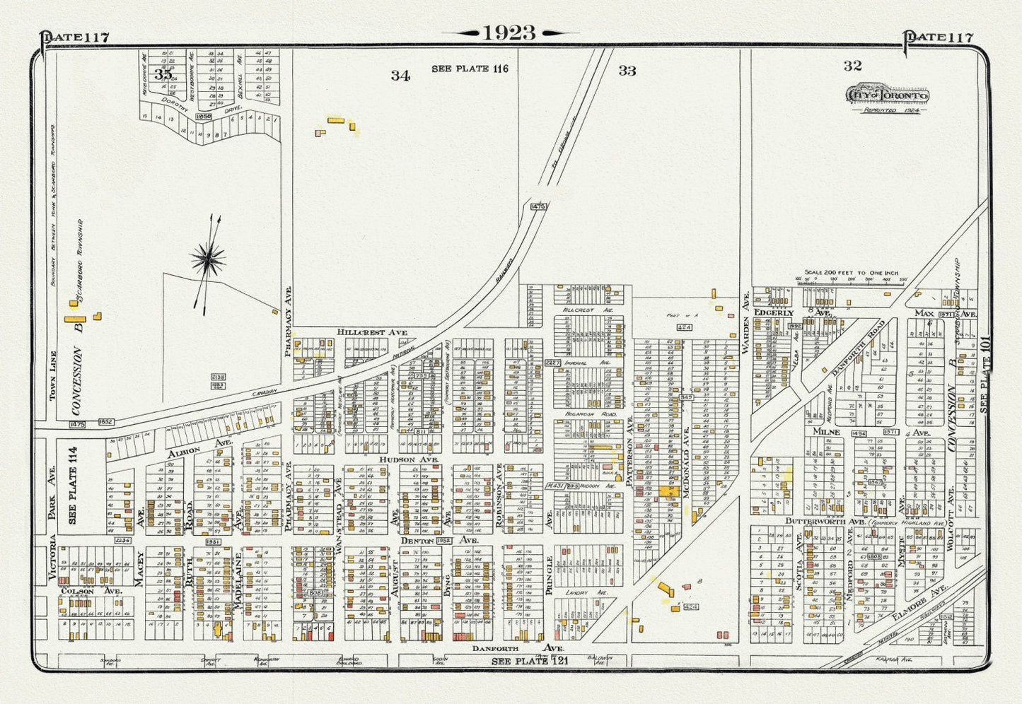 Plate 117, Toronto East, Scarborough, Pharmacy Avenue North of Danforth Avenue, 1923, Map on heavy cotton canvas, 18x27in. approx. - The Map Chest