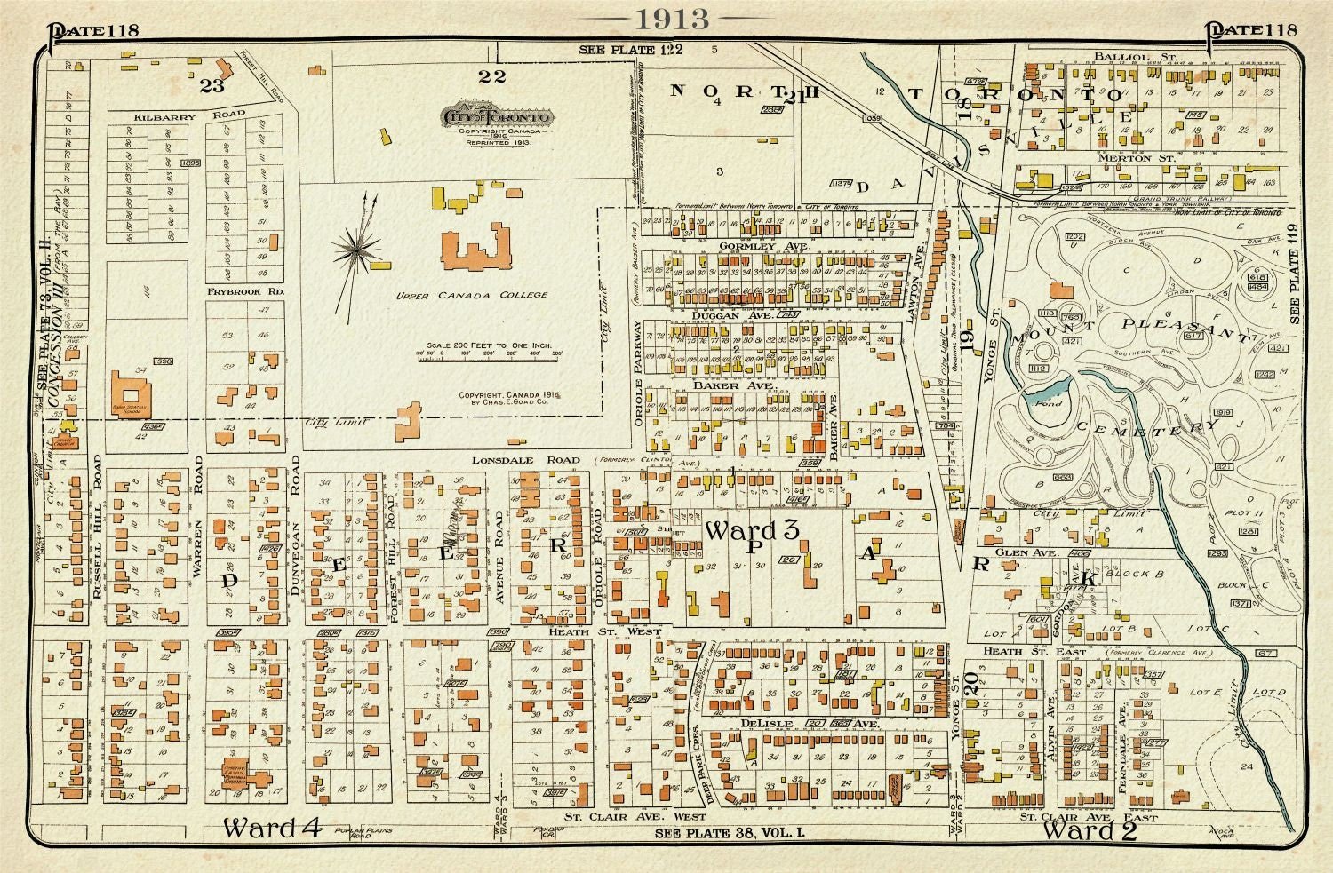 Plate 118, Toronto Uptown West, UCC, St.Clair, 1913, map on heavy cotton canvas, 20 x 30" or 50 x 75cm. approx. - The Map Chest