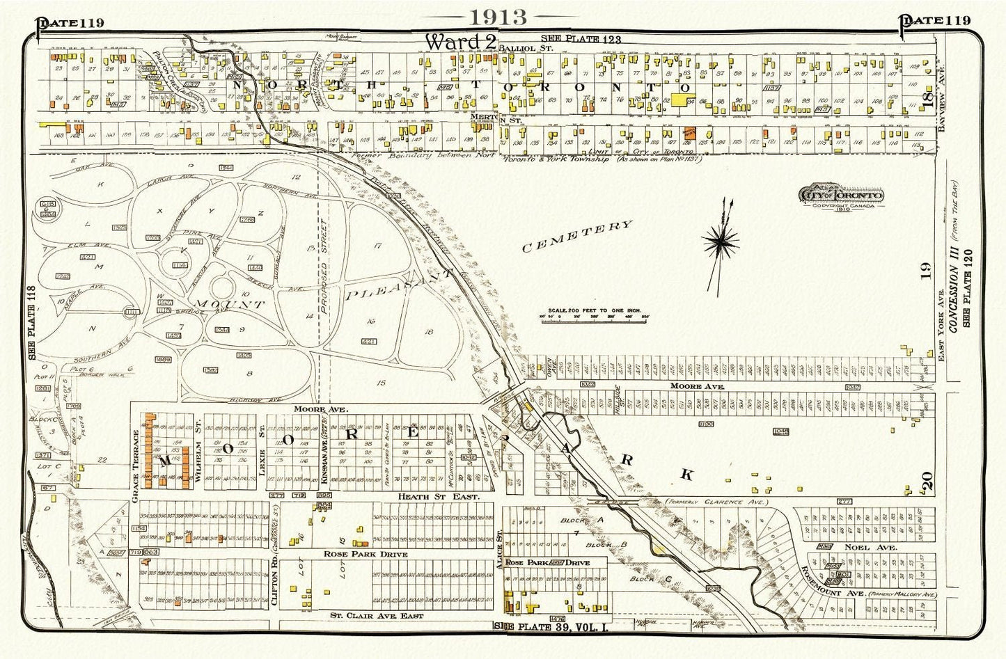 Plate 119, Toronto Uptown, Davisville, Mount. Pleasant Cemetery, 1913, map on heavy cotton canvas, 20 x 30" or 50 x 75cm. approx. - The Map Chest