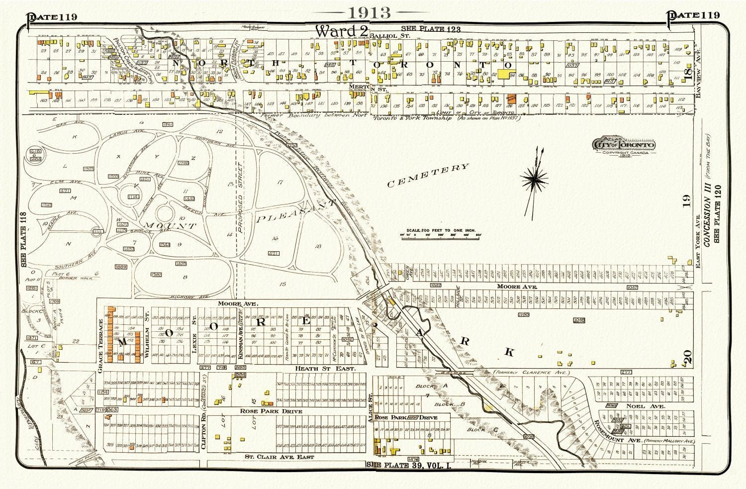 Plate 119, Toronto Uptown, Davisville, Mount. Pleasant Cemetery, 1913, map on heavy cotton canvas, 20 x 30" or 50 x 75cm. approx. - The Map Chest