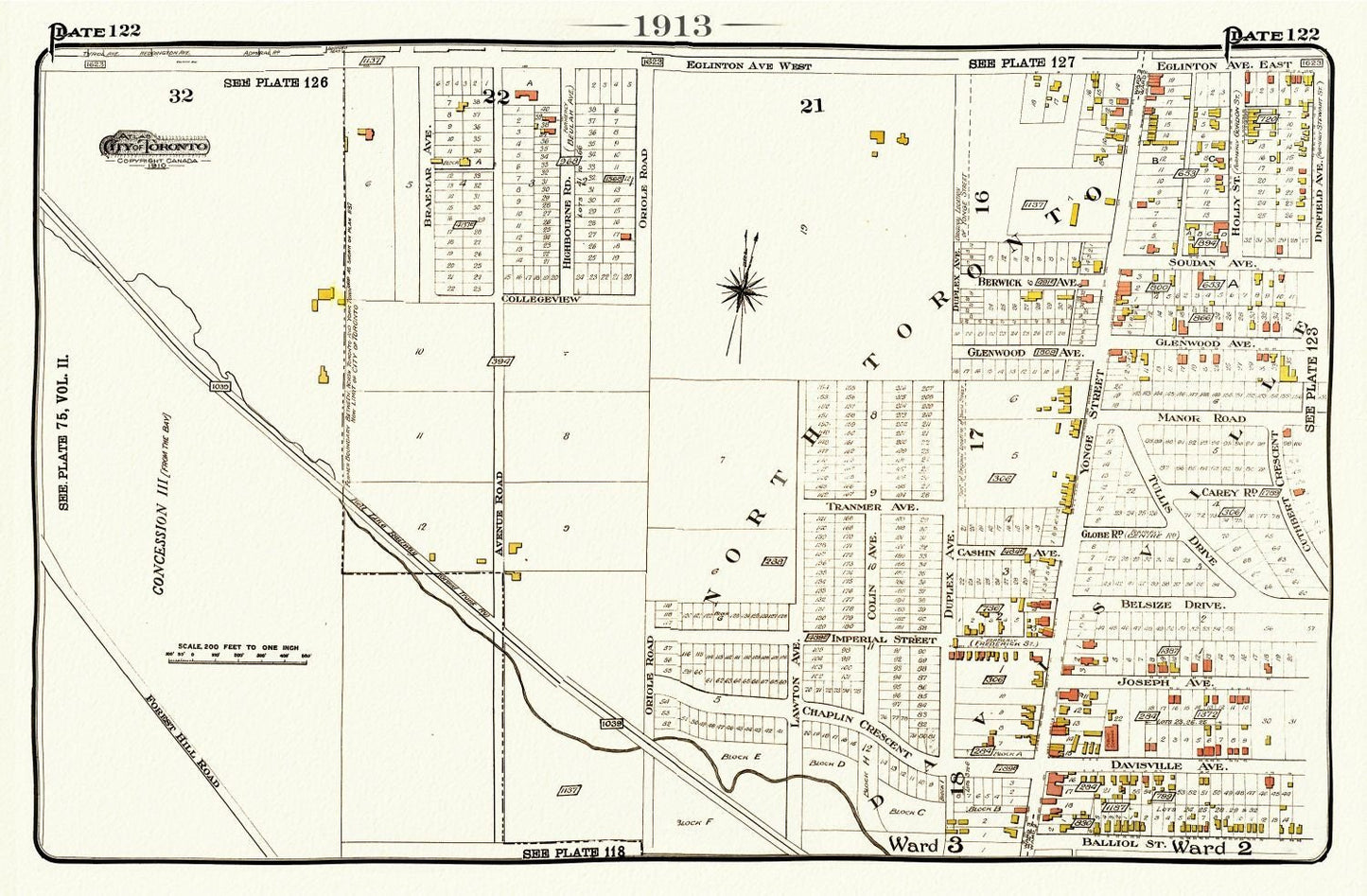Plate 122, Toronto North, Forest Hill, Uptown, 1913, map on heavy cotton canvas, 20 x 30" or 50 x 75cm. approx. - The Map Chest