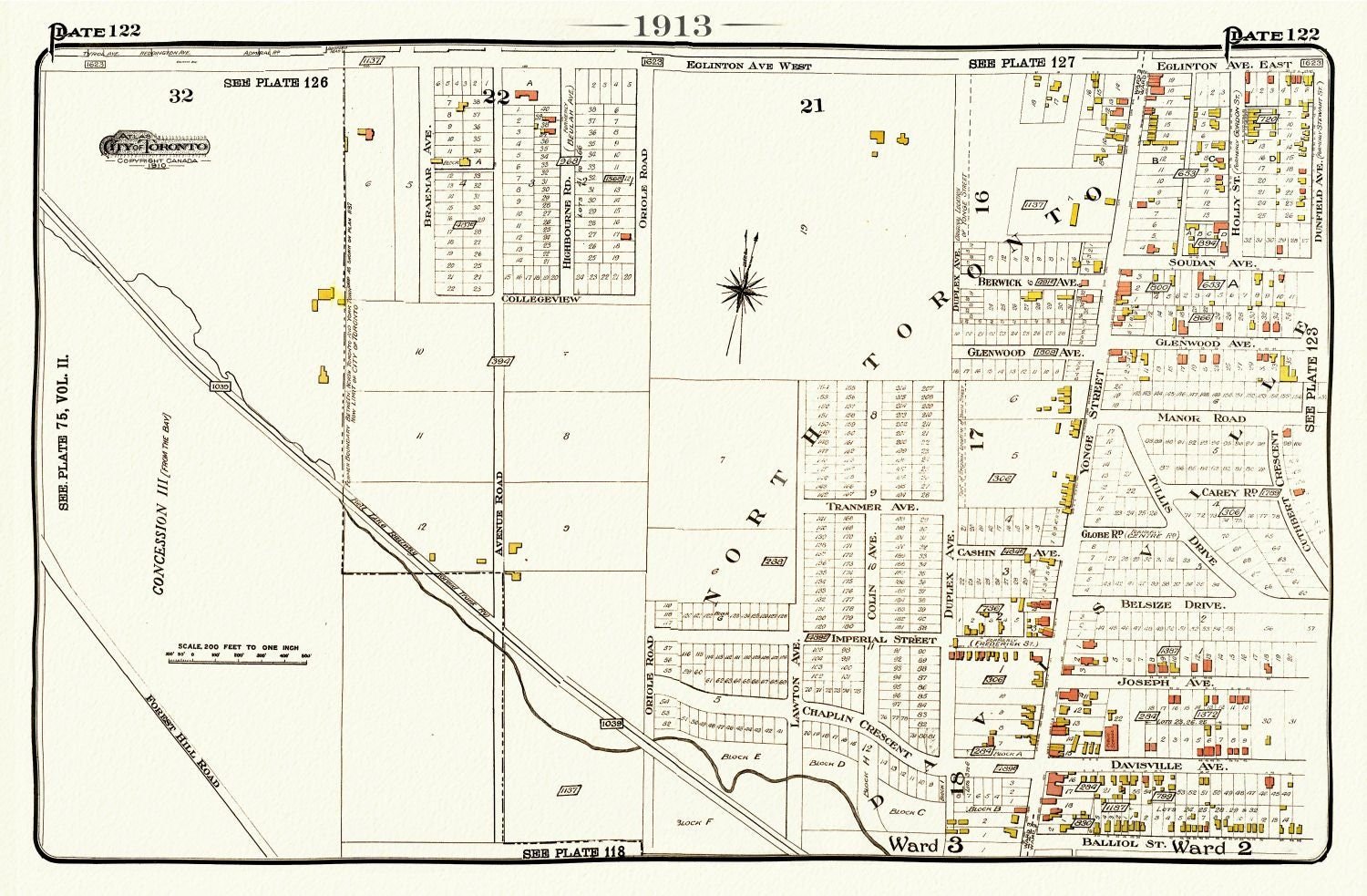 Plate 122, Toronto North, Forest Hill, Uptown, 1913, map on heavy cotton canvas, 20 x 30" or 50 x 75cm. approx. - The Map Chest