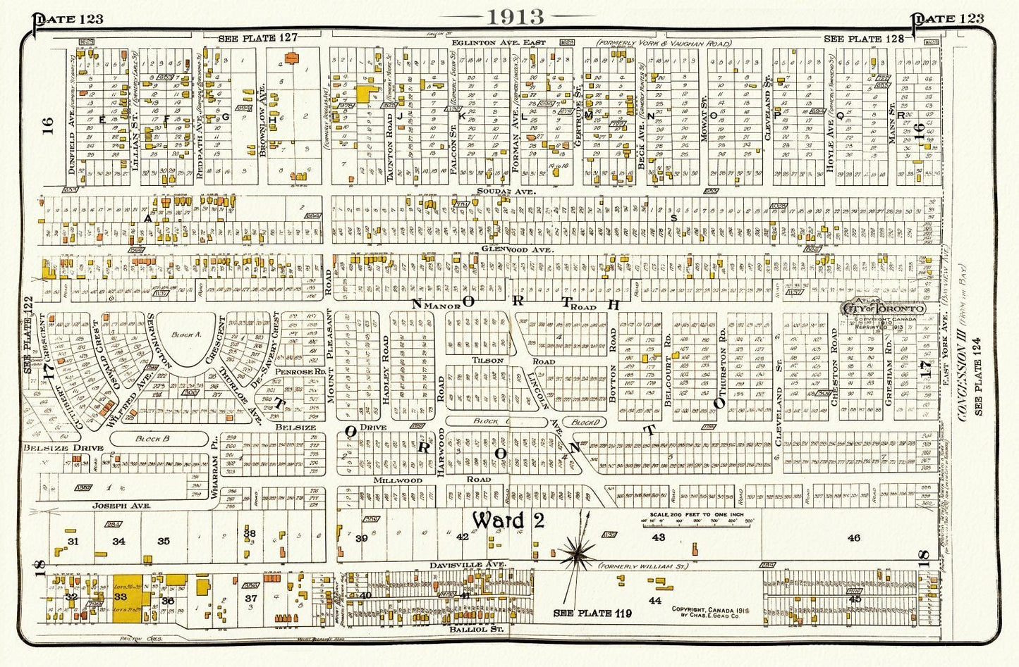 Plate 123, Toronto North and East, 1913, map on heavy cotton canvas, 20 x 30" or 50 x 75cm. approx. - The Map Chest