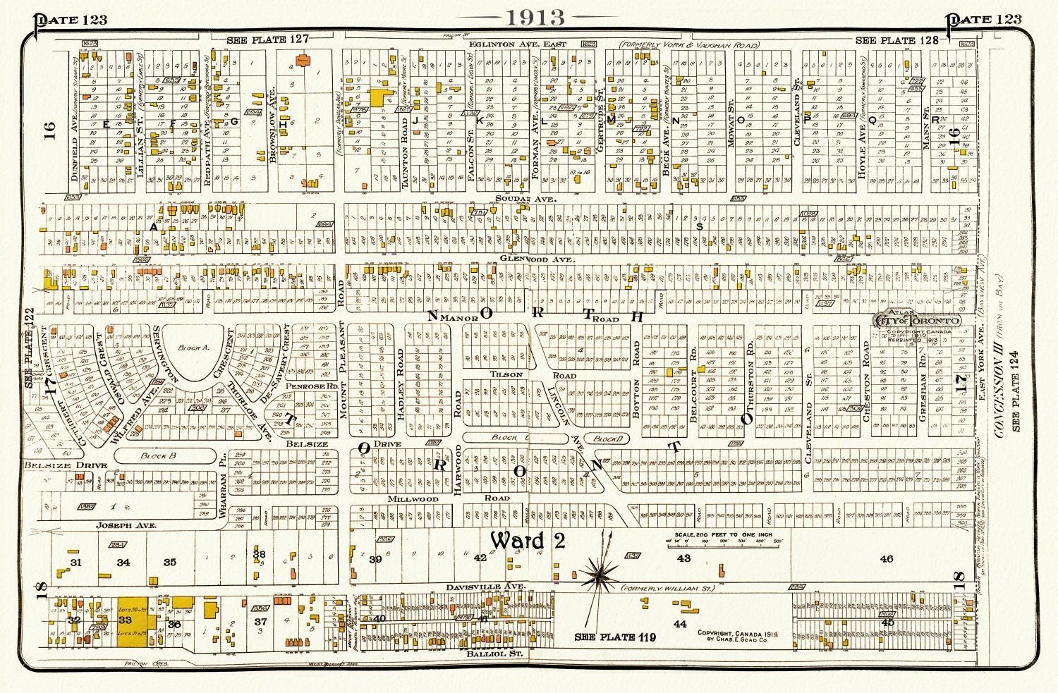 Plate 123, Toronto North and East, 1913, map on heavy cotton canvas, 20 x 30" or 50 x 75cm. approx. - The Map Chest