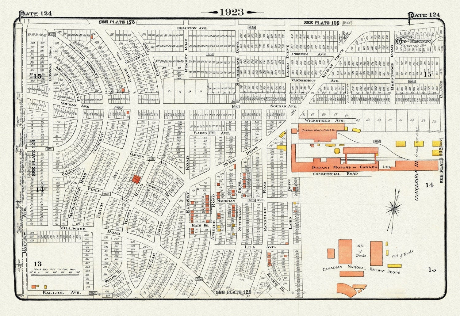 Plate 124, Toronto North, Leaside, 1923, Map on heavy cotton canvas, 18x27in. approx. - The Map Chest