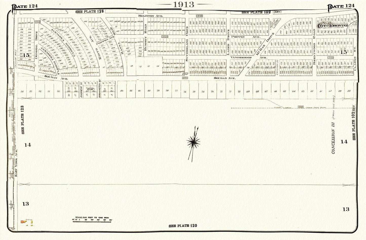 Plate 124, Toronto Uptown East, Leaside, 1913, map on heavy cotton canvas, 20 x 30" or 50 x 75cm. approx. - The Map Chest