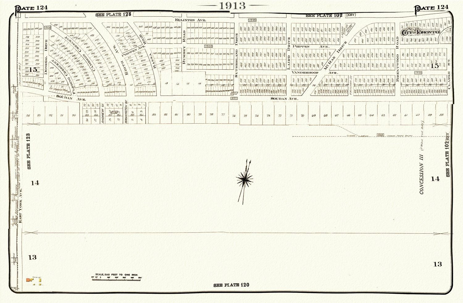 Plate 124, Toronto Uptown East, Leaside, 1913, map on heavy cotton canvas, 20 x 30" or 50 x 75cm. approx. - The Map Chest