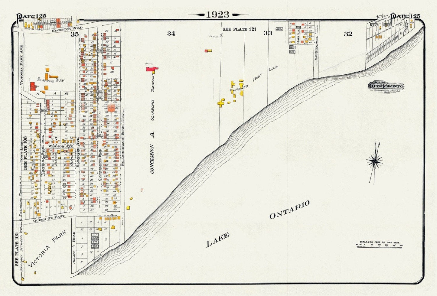 Plate 125, Toronto East, Waterfront, Beach & Hunt Club, 1923, Map on heavy cotton canvas, 18x27in. approx. - The Map Chest