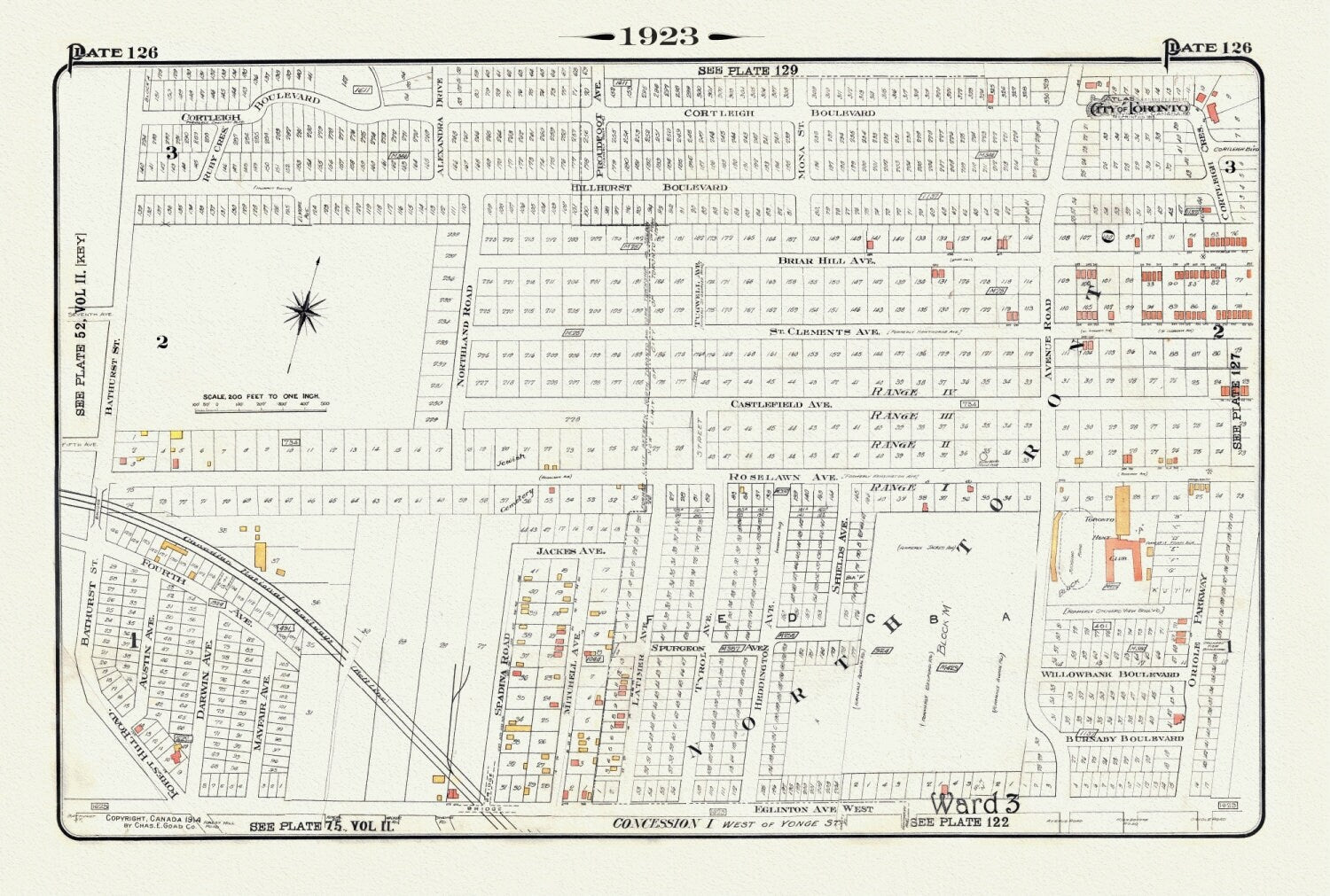 Plate 126, Toronto Uptown, Hunt Club, 1923, Map on heavy cotton canvas, 18x27in. approx. - The Map Chest