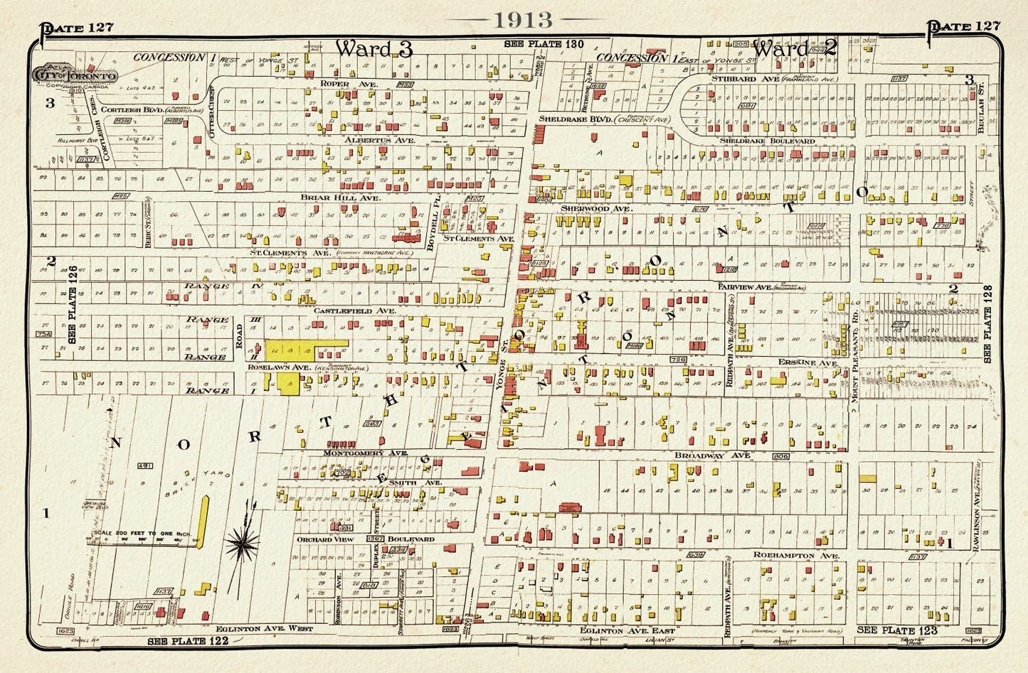 Plate 127, Toronto North, Eglinton & Yonge, 1913, map on heavy cotton canvas, 20 x 30" or 50 x 75cm. approx. - The Map Chest